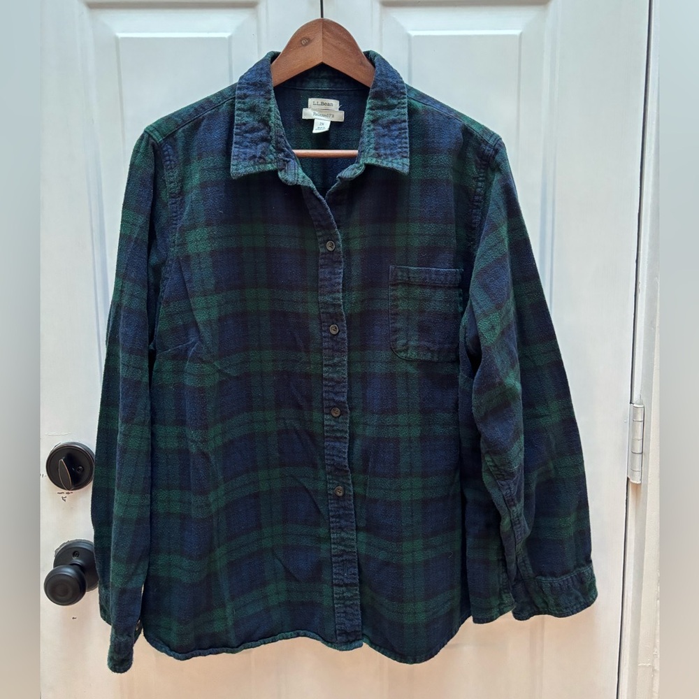 L.L. Bean Women's Navy and Forest Green Flannel Plaid Shirt
